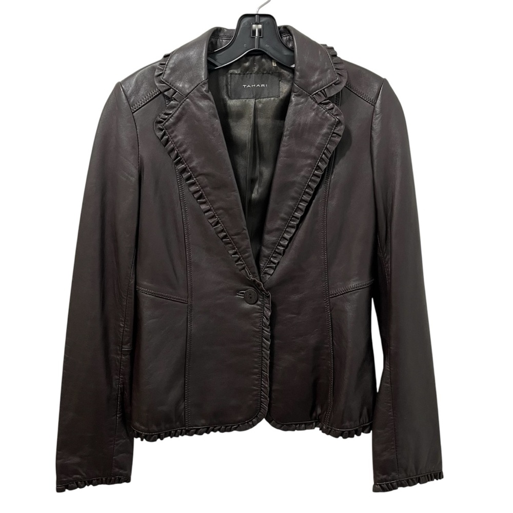 Tahari Brown Leather Jacket with Ruffled Details